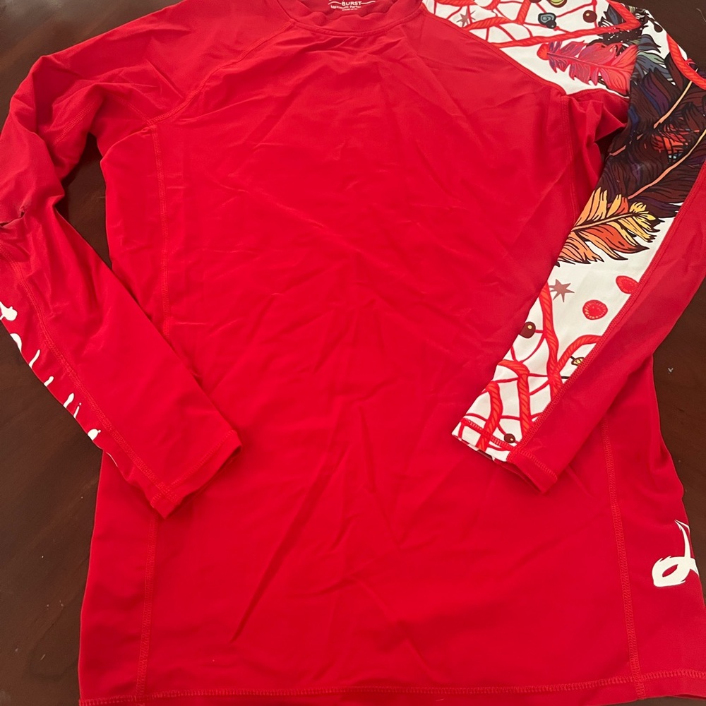 Vibrant Red Long Sleeve Tee with Artistic Design A209